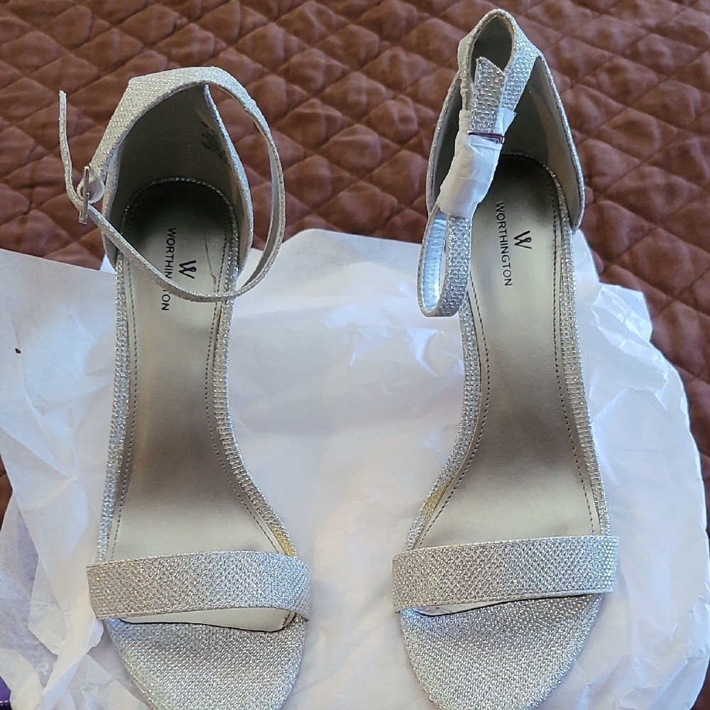 Worthington Shimmering Silver Ankle Strap Heels